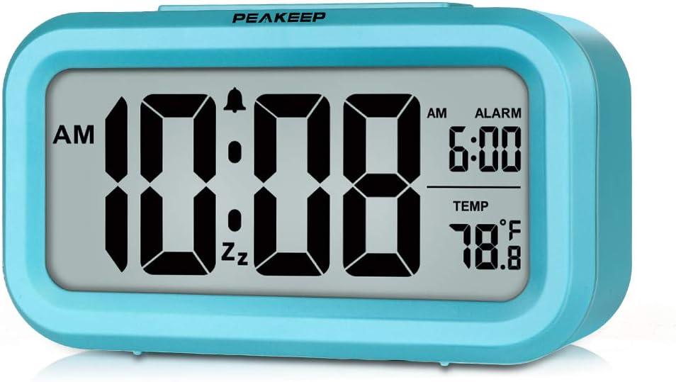 PEAKEEP Smart Night Light Digital Alarm Clock with Indoor Temperature, Battery Operated Desk Small Clock (Blue)
