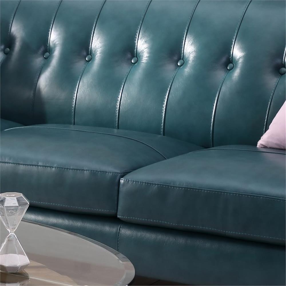 Turquoise Leather Tufted Sofa with Removable Cushions