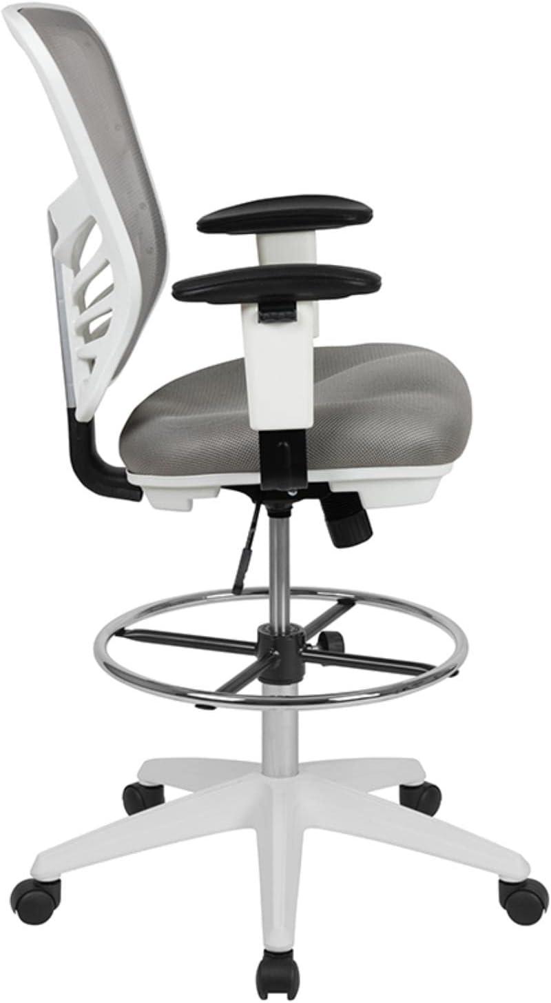 ErgoFlex Light Gray Mesh Drafting Chair with White Frame and Chrome Accents