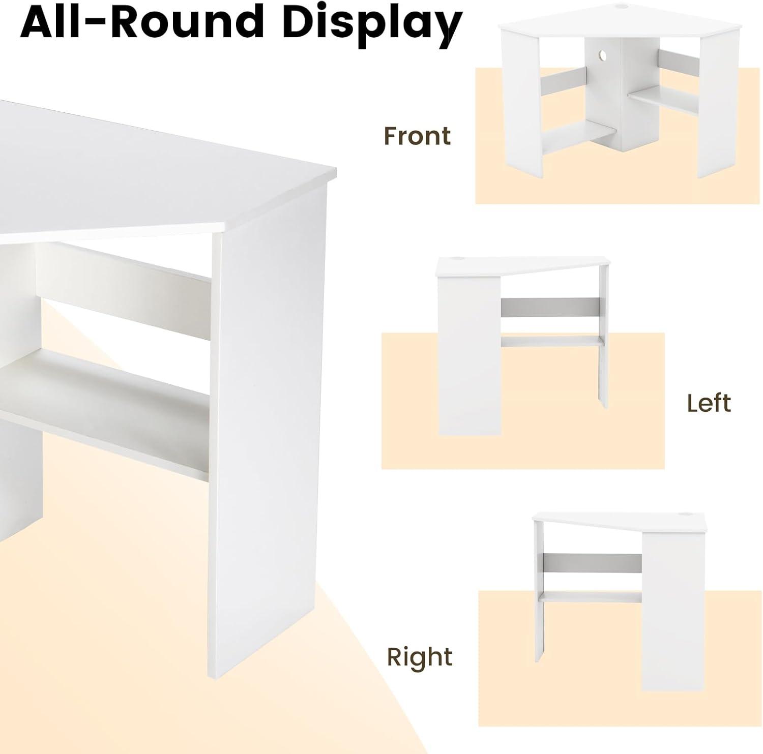 Costway Corner Computer Desk Triangle Writing Workstation w/ Storage Shelf White