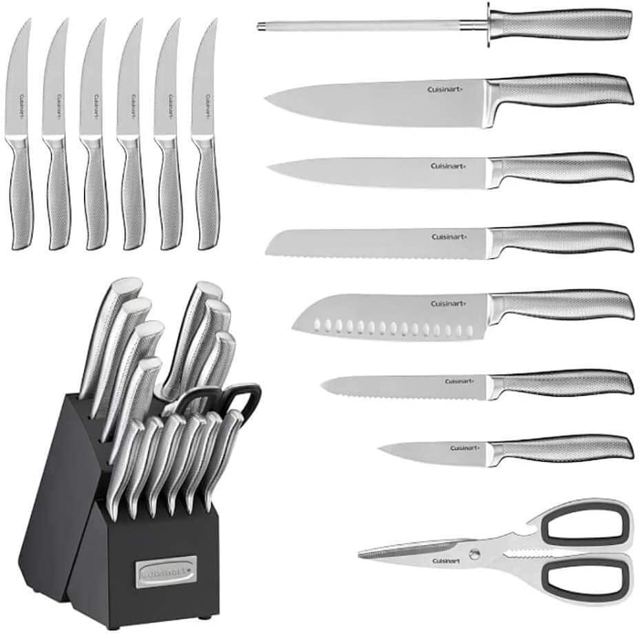 15-Piece German Stainless Steel Knife Block Set with Metal Accents