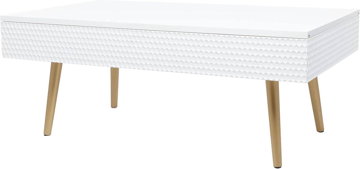 DecMode Wood Contemporary Rectangular with Textured Honeycomb Skirt Carvings Coffee Table 47"W x 19"H, with Muted White amd Soft Sheen Finish Highlights