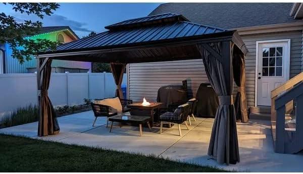 Kozyard Alexander 12' x 16' Brown Aluminum Hardtop Gazebo with Curtains