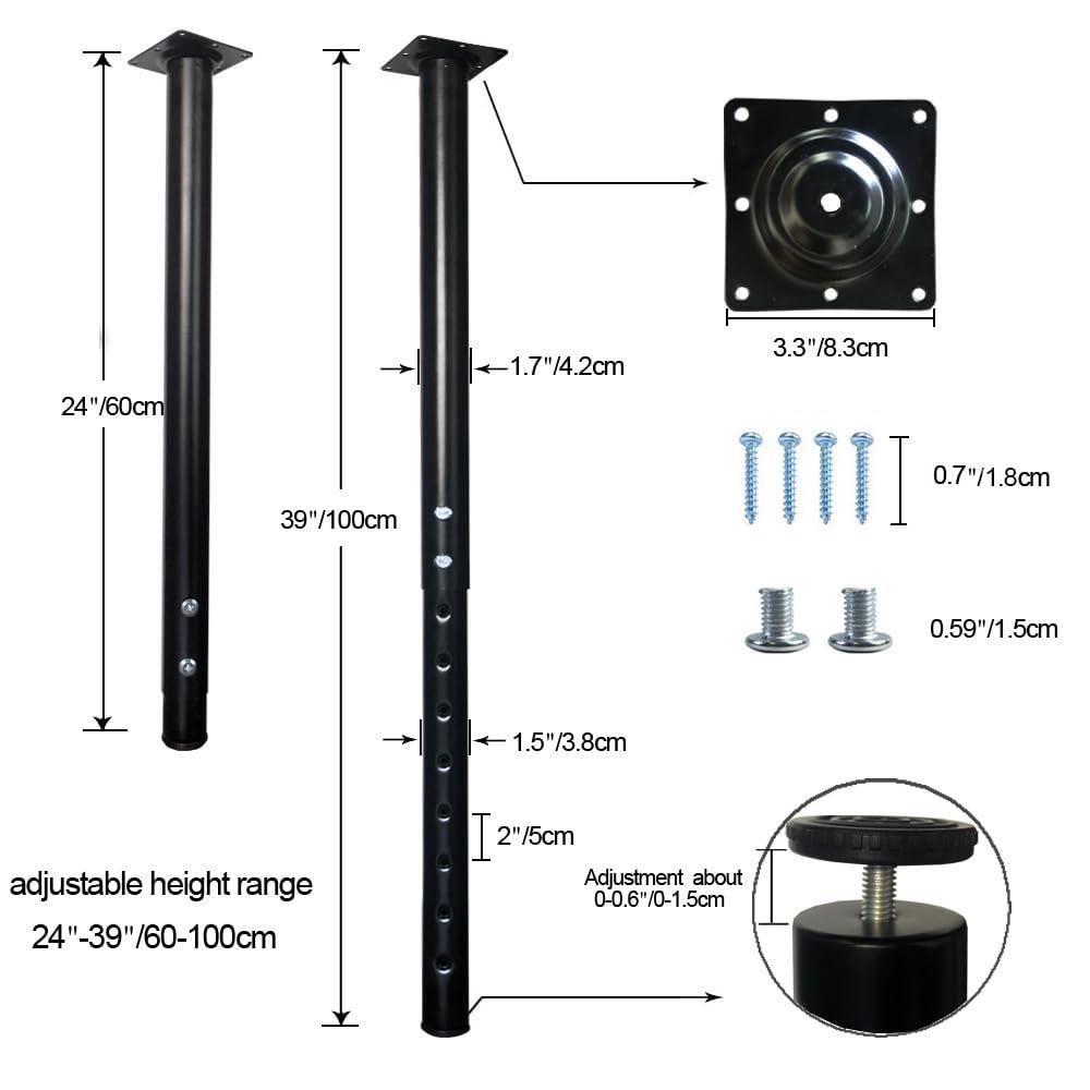 QLLY Adjustable Metal Table Leg, 24-40 inch, 60-100cm, Home Office DIY Desk Leg, Furniture Leg Set (4, Black)