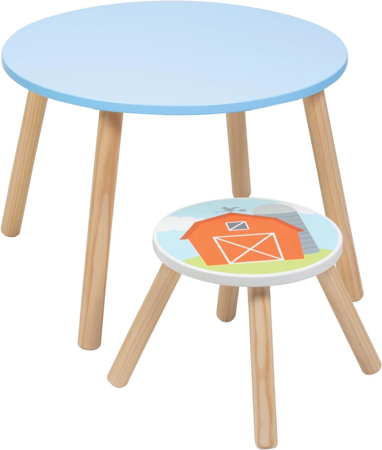 Kids Wooden Animal Table & Chair Set w 3 Seats (Cow Pig Sheep) & Adult Stool for Arts Crafts, Dining, Pretend Play- Durable Playroom Furniture for Home, Daycare, Classroom for Toddlers to Big Children