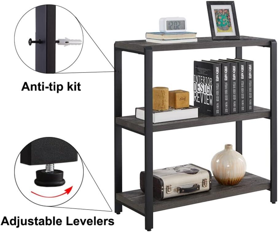 EXCEFUR Bookshelf and Bookcase, 3 Tier Vintage Shelf for Office, Rustic Wood and Metal Book Shelves, Grey
