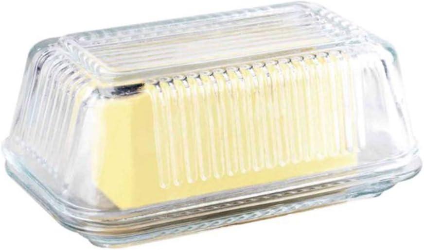 Rectangular Ribbed Clear Glass Butter Dish with Lid