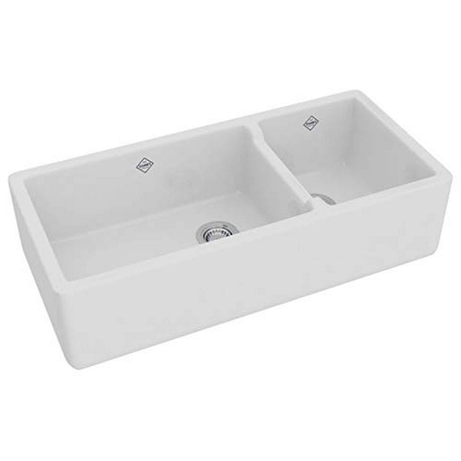 Shaws RC4019WH Lancaster 40" Double Bowl Farmhouse Apron Front Fireclay Kitchen Sink