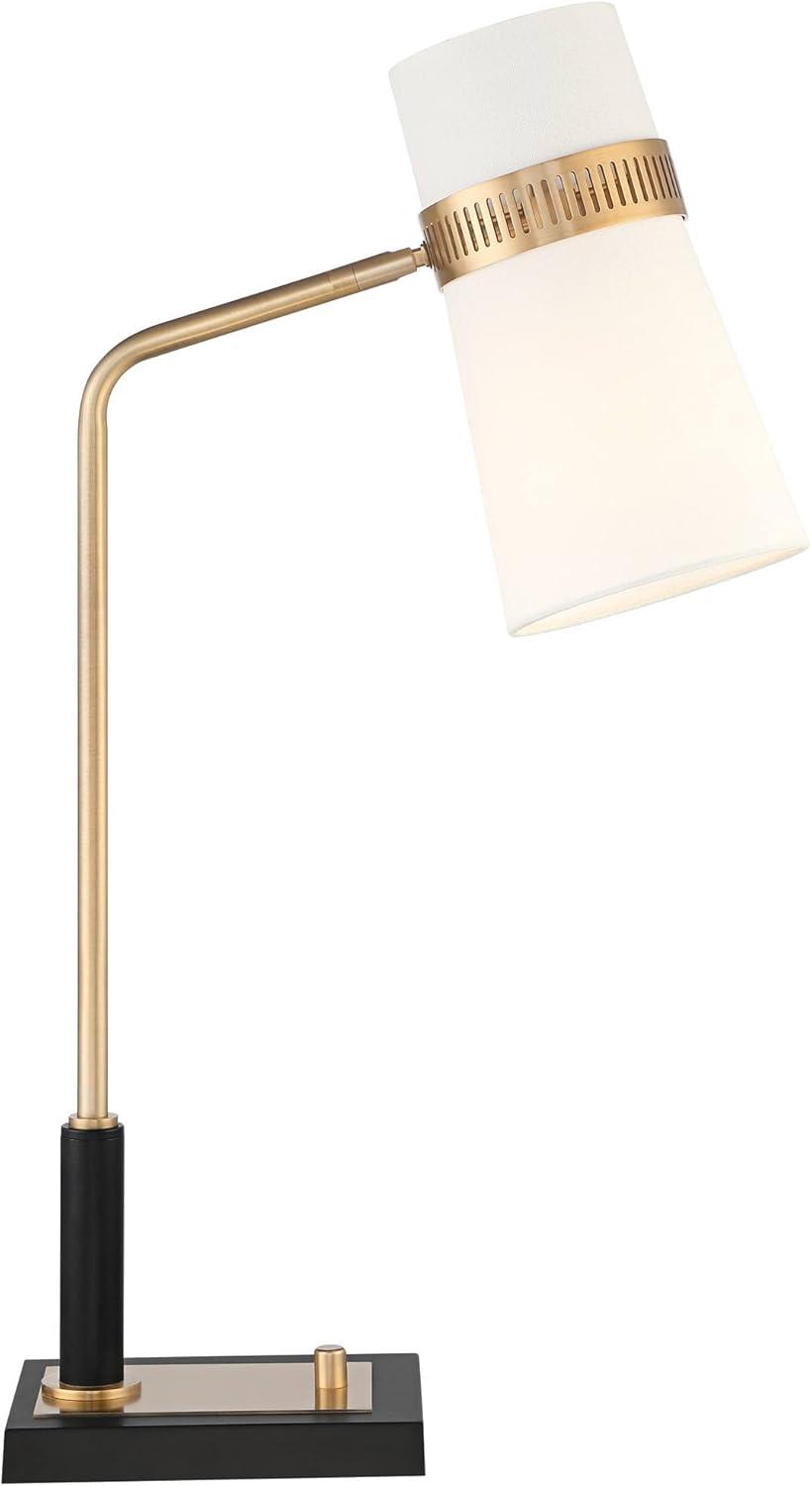 Possini Euro Design Cartwright Modern Mid Century Desk Lamp 32" Tall Antique Brass Black with USB Charging Port Linen Shade for Bedroom Living Room