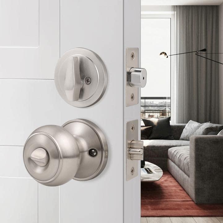 Brushed Nickel Round Stainless Steel Entry Knob and Deadbolt Set