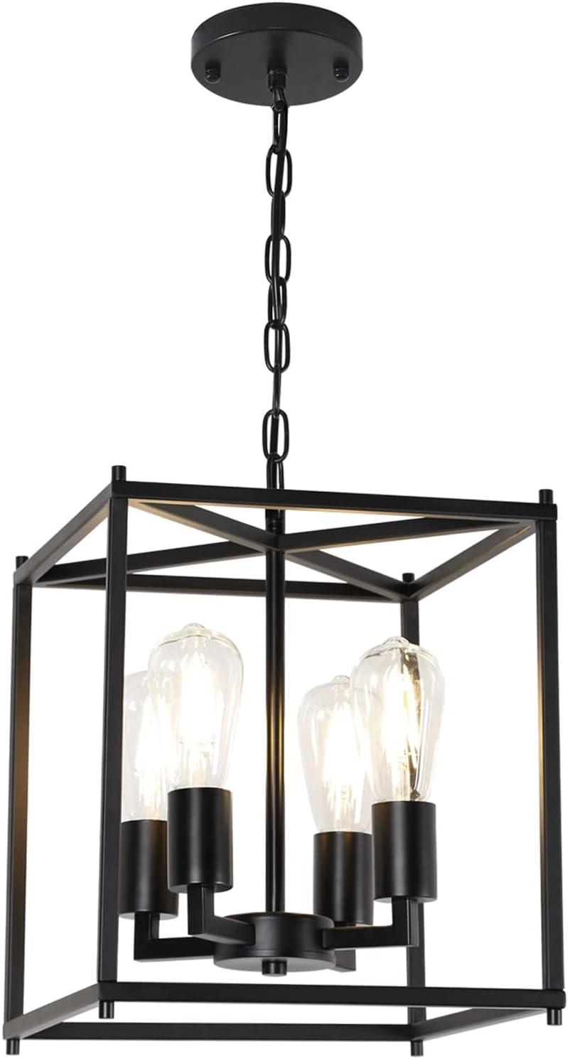 4 Light Chandelier, Industrial Ceiling Light Black Lantern Light Fixtures with Farmhouse Metal Cage Adjustable Height Rustic Geometric Hanging Light E12 Base for Kitchen Island, Entryway, Indoor