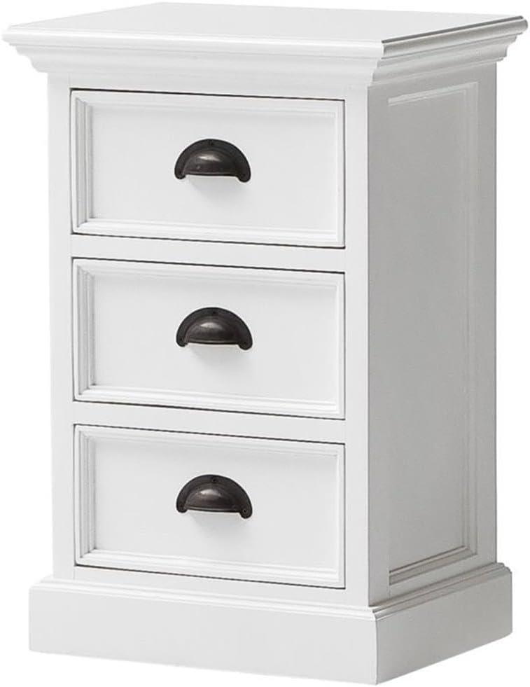 Pure White Mahogany 3-Drawer Nightstand with Antique Brass Hardware