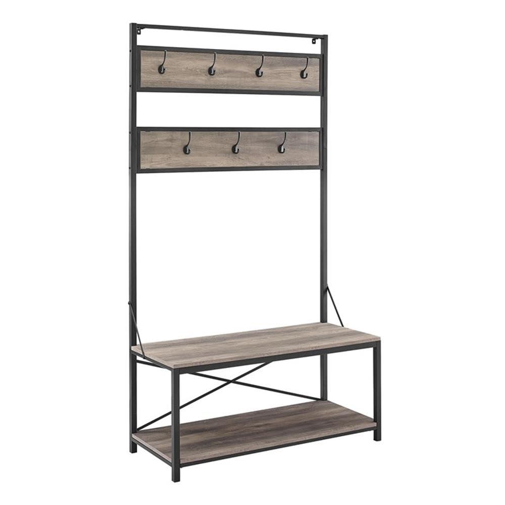 72" Gray Wash Industrial Metal and Wood Hall Tree with Bench