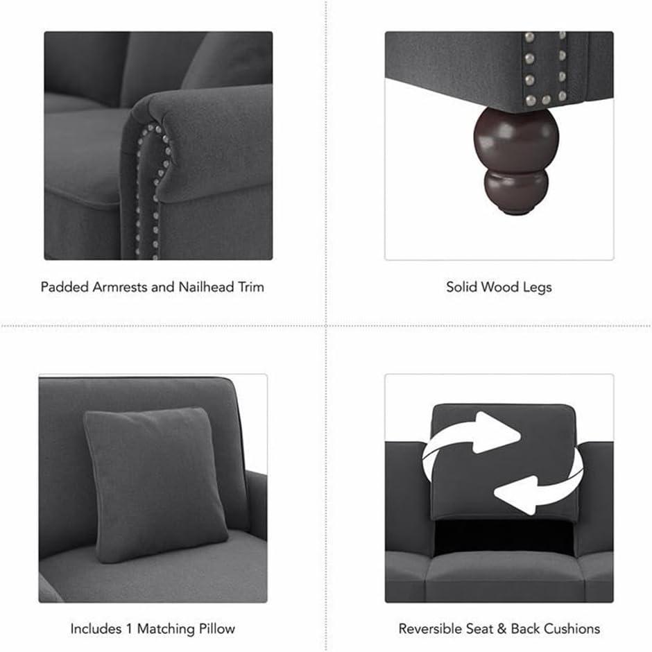 Coventry Chaise Lounge with Arms in Charcoal Gray Herringbone Fabric