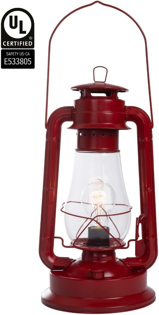 Lámpara de Mesa con Linterna Eléctrica para Dormitorios para Darle un Aspecto de Granja Perfecto de 16 Pulgadas de Alto con Vidrio de Huracán Grande y Atenuador de Cable en Línea y Acabado Rojo Rústico Vintage Estilo Edison