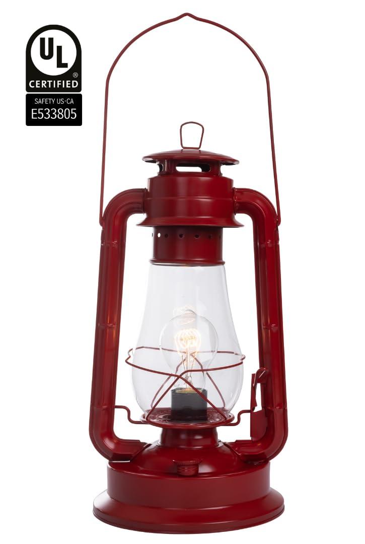 Lámpara de Mesa con Linterna Eléctrica para Dormitorios para Darle un Aspecto de Granja Perfecto de 16 Pulgadas de Alto con Vidrio de Huracán Grande y Atenuador de Cable en Línea y Acabado Rojo Rústico Vintage Estilo Edison