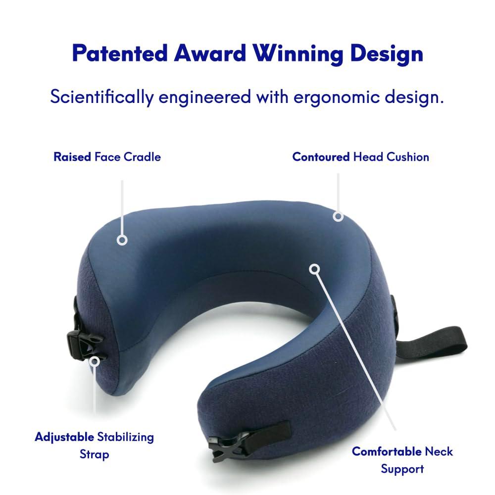 C CUSHION LAB Travel Pillow, Award-Winning Patented Ergonomic Design for Chin & Neck Support Memory Foam Neck Pillow, Compact Airplane Pillow for Traveling, Flight, Car (Navy, Medium)