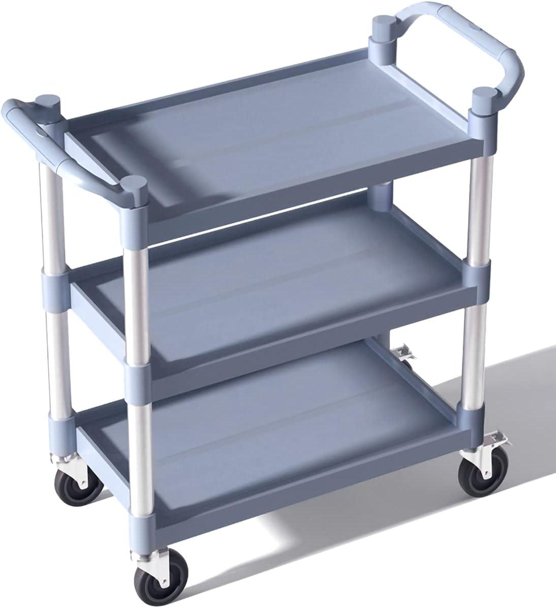 Service Cart Heavy Duty 3-Shelf Rolling Utility/Push Cart with Lockable Wheels, 360 lbs. Capacity, for Foodservice/Restaurant/Cleaning