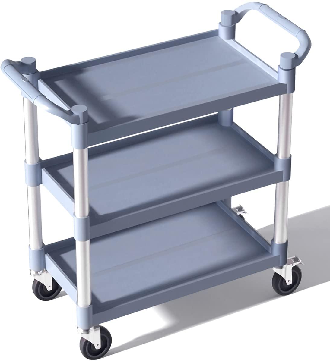 Service Cart Heavy Duty 3-Shelf Rolling Utility/Push Cart with Lockable Wheels, 360 lbs. Capacity, for Foodservice/Restaurant/Cleaning