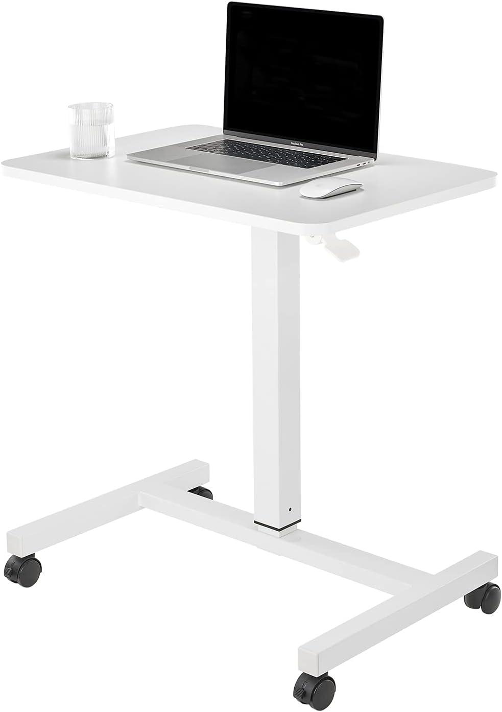 CLATINA Mobile Laptop Desk Pneumatic Sit to Stand Table Height Adjustable Rolling Cart with Lockable Wheels for Home Office Computer Workstation 28" x 19" White