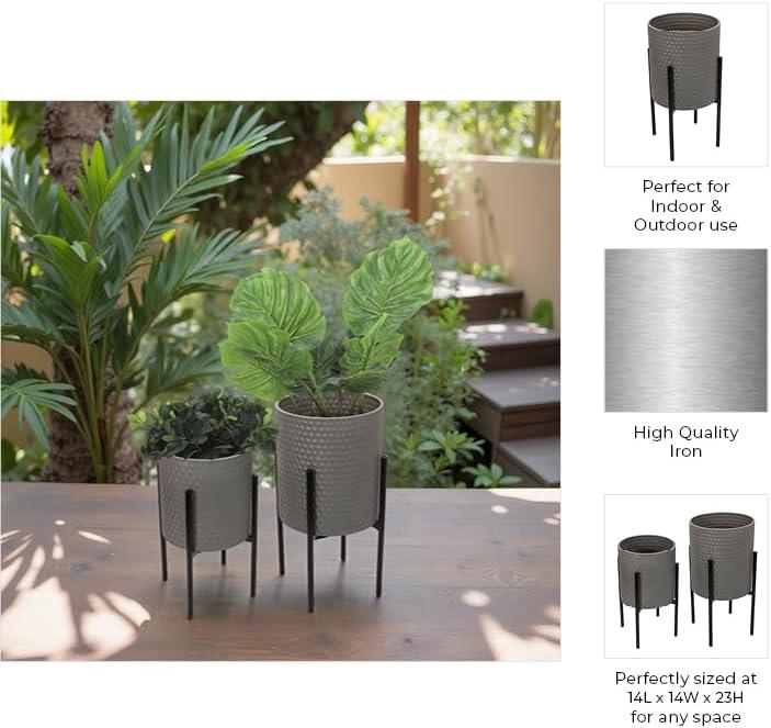 Sagebrook Home Set Of 2 Honeycomb Planter On Metal Stand, Gray/Black, Round, Iron, Contemporary, 23"H, Hexagon