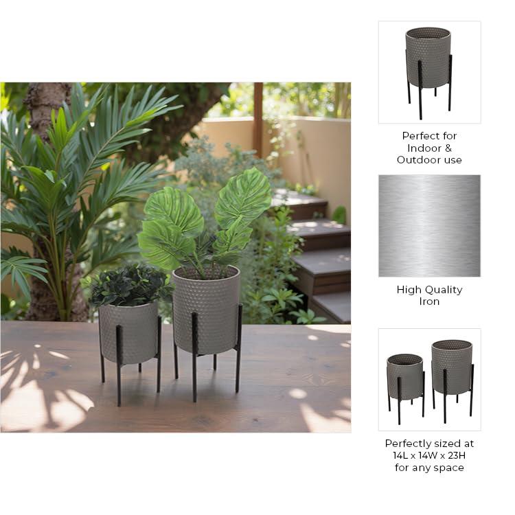 Sagebrook Home Set Of 2 Honeycomb Planter On Metal Stand, Gray/Black, Round, Iron, Contemporary, 23"H, Hexagon