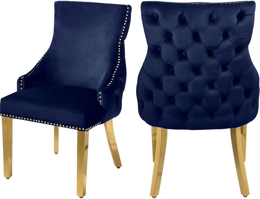 Navy Velvet Upholstered Dining Chair with Gold Metal Legs, Set of 2