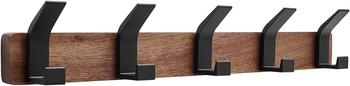 Walnut Wood Wall-Mounted Coat Rack with Black Aluminum Hooks