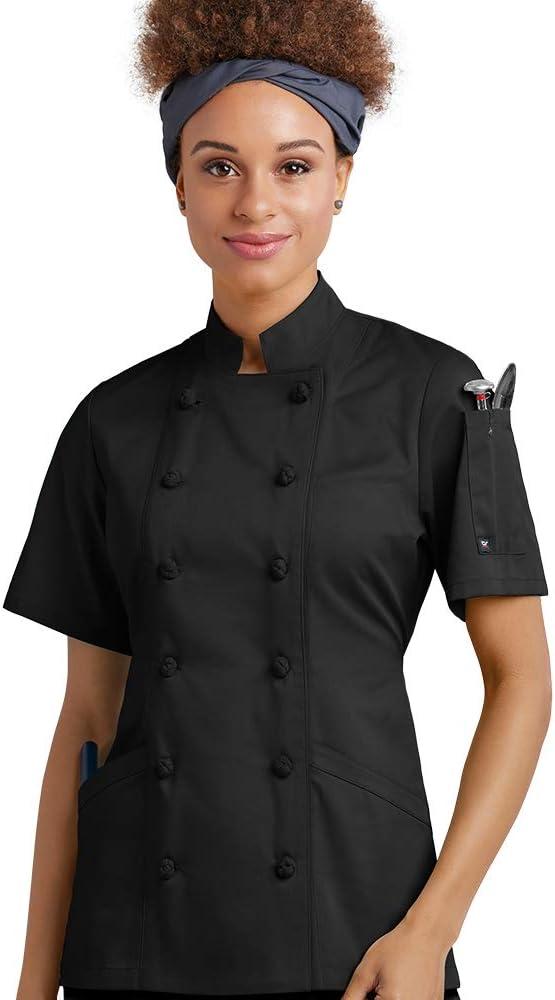 Women's Black Short Sleeve Chef Coat with Knotted Buttons