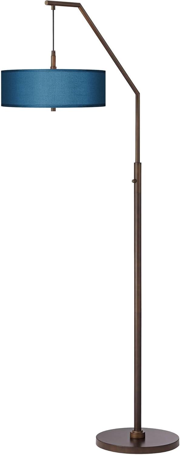 Contemporary Bronze Arc Floor Lamp with Blue Drum Shade