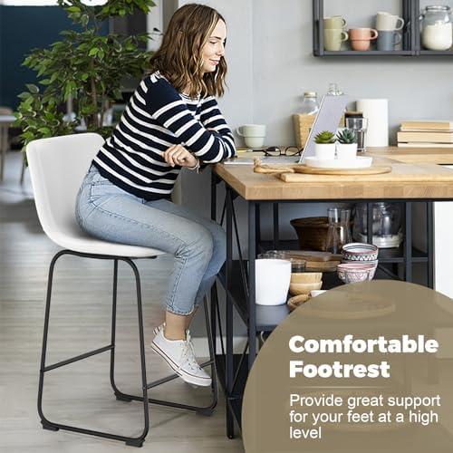 Bar Stools Set of 2, 26inches Counter Height Barstools with Back, Modern Bar Stool for Kitchens Island, Faux Leather Bar Chairs with Metal Legs and Footrest (White)