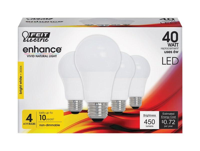 Feit Electric Enhance A19 E26 (Medium) LED Bulb Bright White 40 Watt Equivalence 4 pk