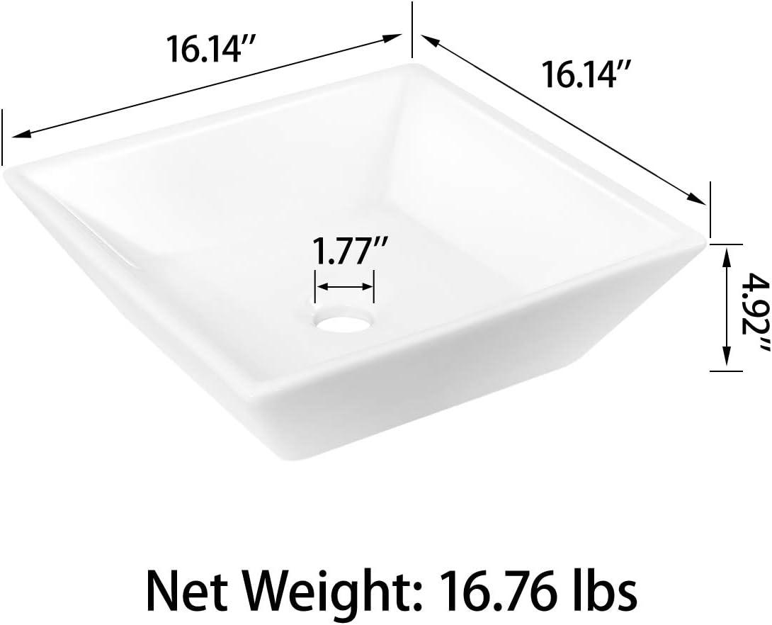 Sinber 16" x 16" x 4.92" White Square Ceramic Countertop Bathroom Vanity Vessel Sink BVS1616A-OK