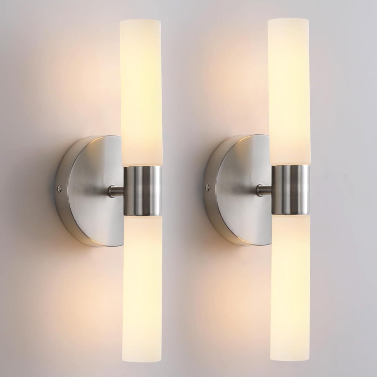 Brushed Nickel Double Light Sconce with White Glass Shades