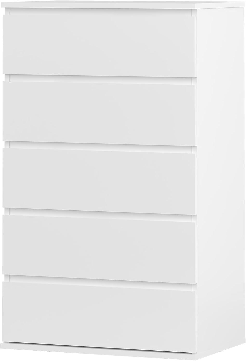 White Dresser for Bedroom with 5 Drawers, Tall Wood Drawer Dresser & Chest of Drawers for Closet, Living Room Hallway Kids Bedroom