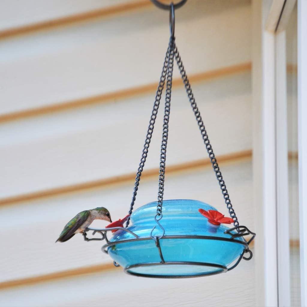 Hand Blown Blue Glass Hanging Hummingbird Feeder, 16 oz