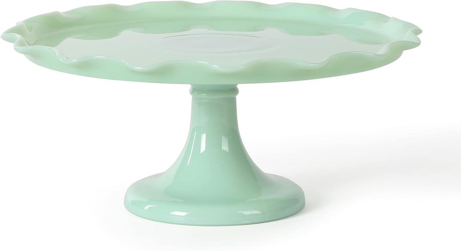 Martha Stewart Highbrook 11" Handmade Jadeite Glass Cake Stand - Ruffle Trim