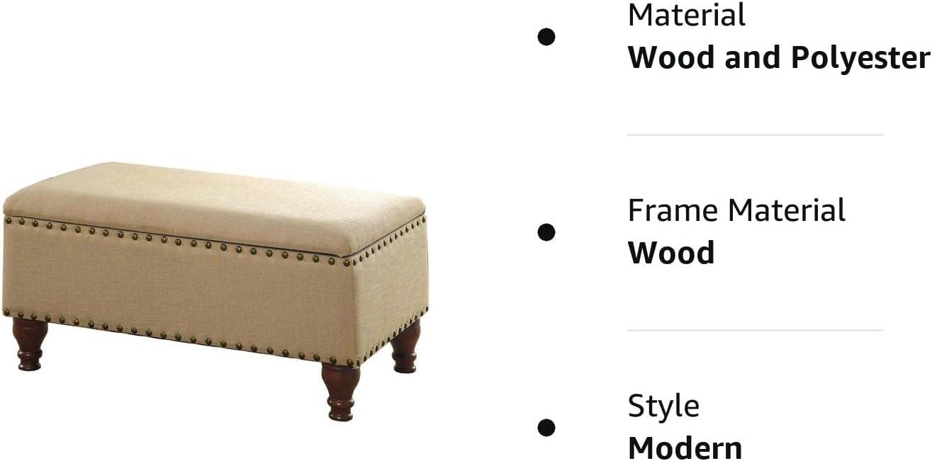 Elegant Tan Upholstered Storage Bench with Nailhead Trim and Wood Legs