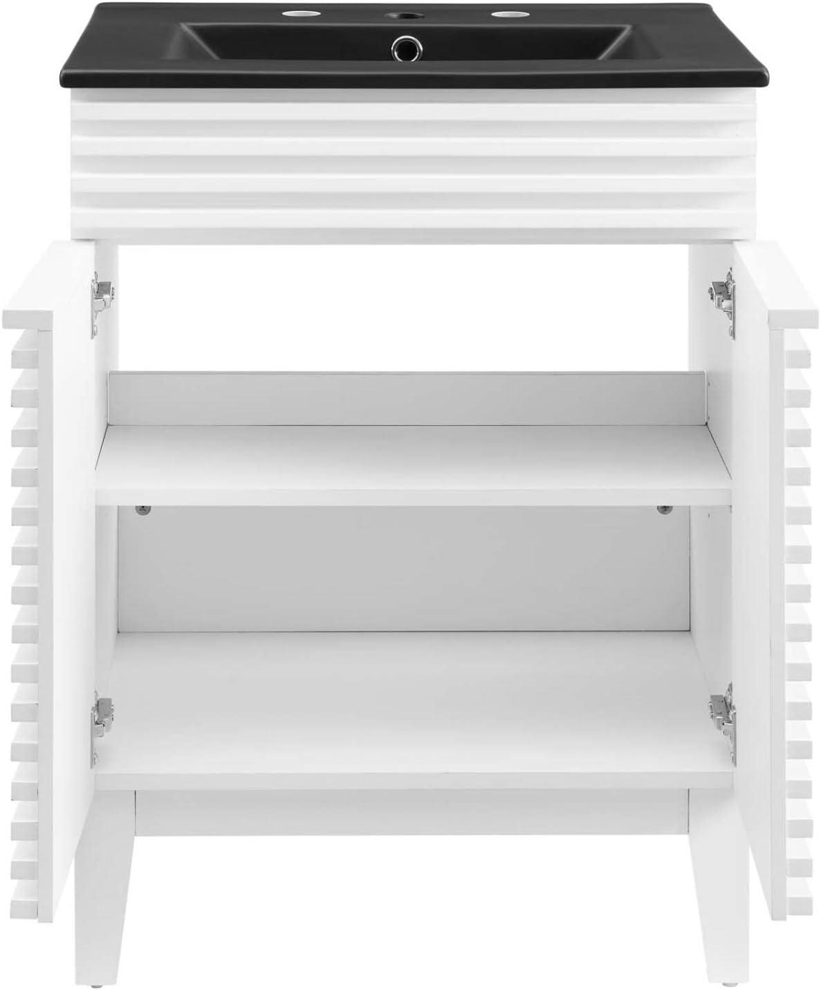 Modway 24 Inch Modern White Black Wood Bathroom Vanity with Sink and Floor Cabinet