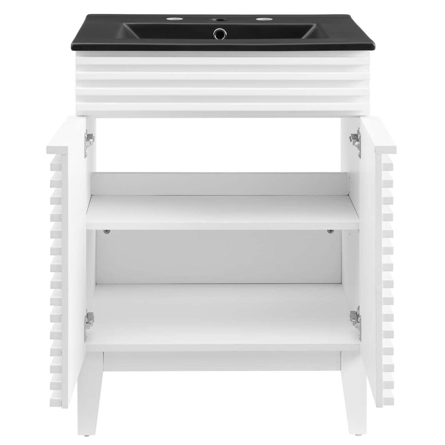 Modway 24 Inch Modern White Black Wood Bathroom Vanity with Sink and Floor Cabinet