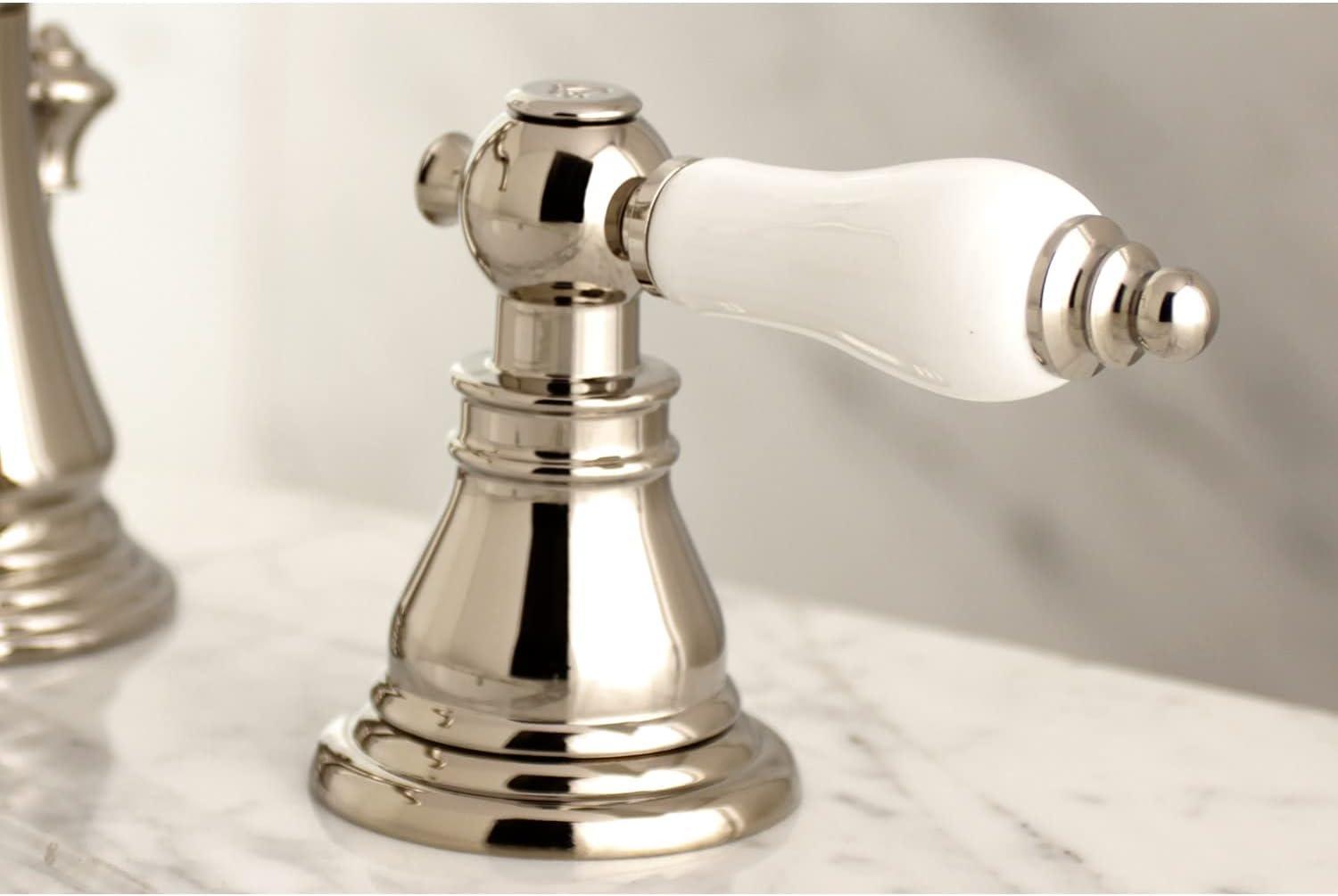 Kingston Brass American Patriot Two-Handle 3-Hole Deck Mount Widespread Bathroom Faucet with Brass Pop-Up Drain