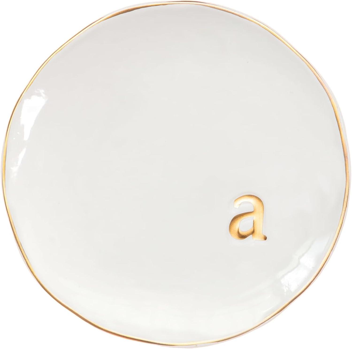 White Ceramic Jewelry Dish with Gold Monogram Accent