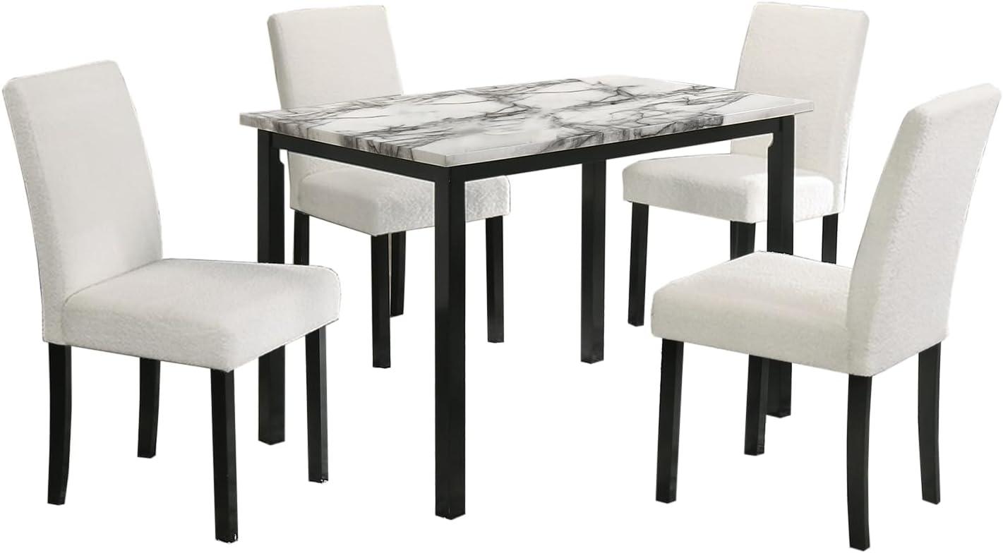 White Faux Marble Top Dining Set with Upholstered Chairs