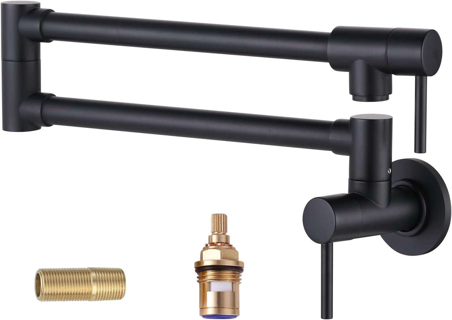 Wowow Contemporary Wall Mount Pot Filler Faucet with Double Joint Swing Arm in Matte Black