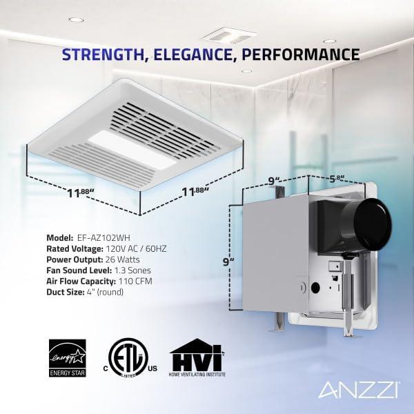 ANZZI 110 CFM 1.3 Sones Super Quiet Square Grill Ceiling Mount Sturdy 26 Watt Bathroom Exhaust Fan With Built-In LED Light Energy Star Rated