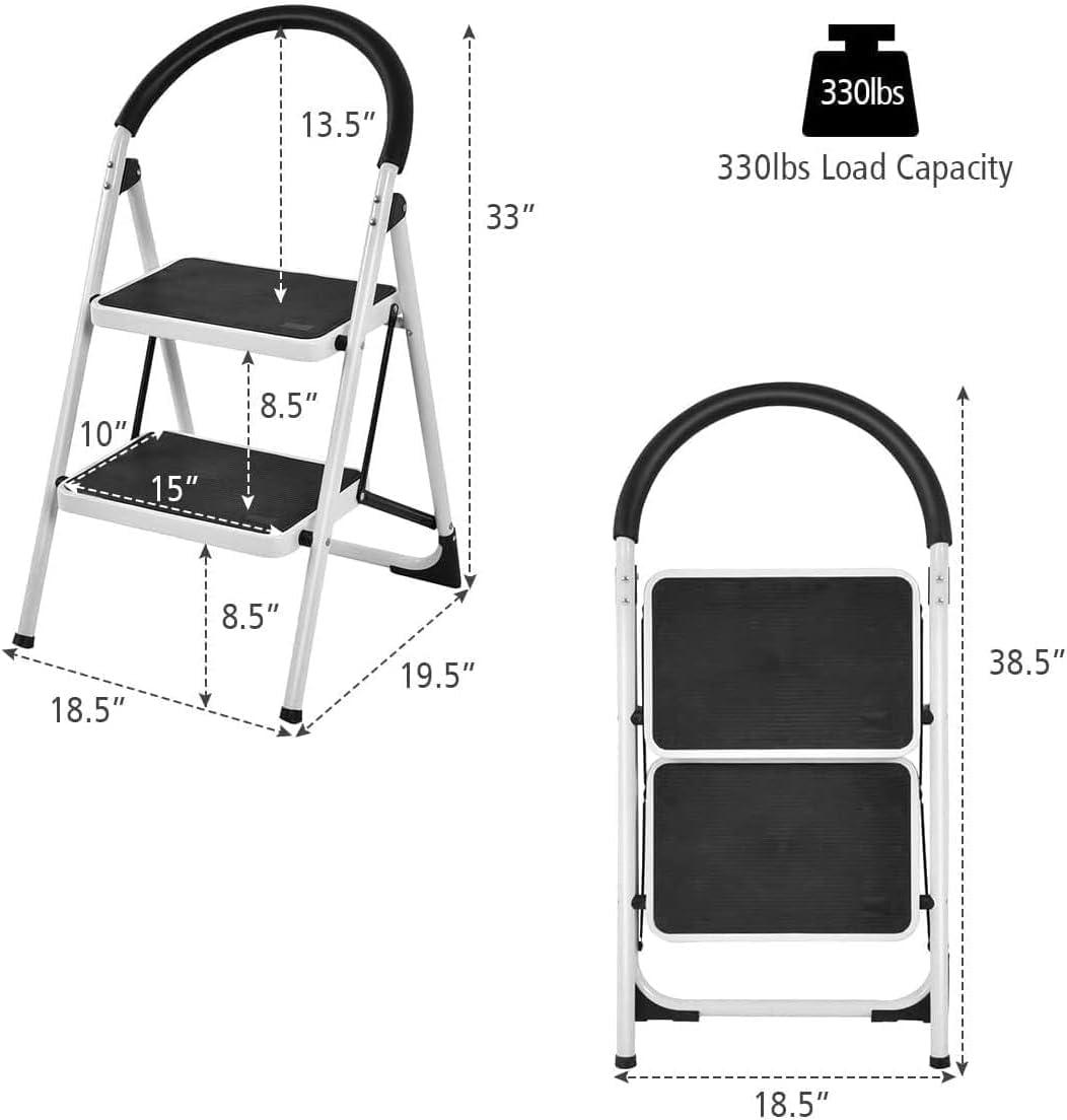 Heavy Duty White and Black 2-Step Foldable Ladder