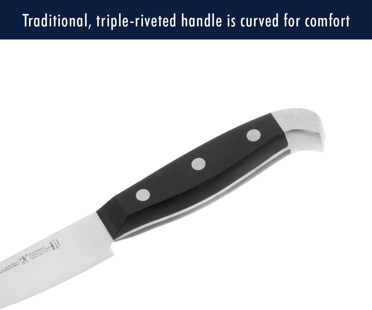 Henckels Statement Self-Sharpening Knife Set with Block, Chef Knife, Paring Knife, Bread Knife, Steak Knife, 14-piece, Dark Brown, Stainless Steel