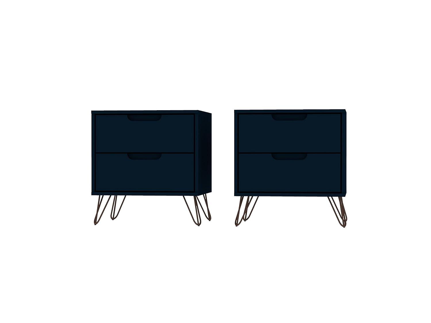 Set of 2 Rockefeller 2 Drawer Nightstands Tatiana Midnight Blue - Manhattan Comfort: Modern Splayed Metal Legs, MDF