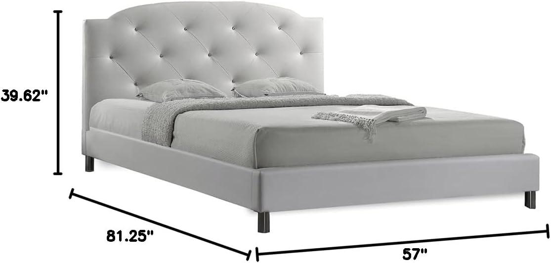 Full Canterbury Leather Contemporary Bed White - Baxton Studio: Crystal Tufted, Chrome Legs, No Box Spring Required