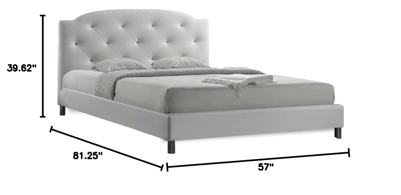 Full Canterbury Leather Contemporary Bed White - Baxton Studio: Crystal Tufted, Chrome Legs, No Box Spring Required